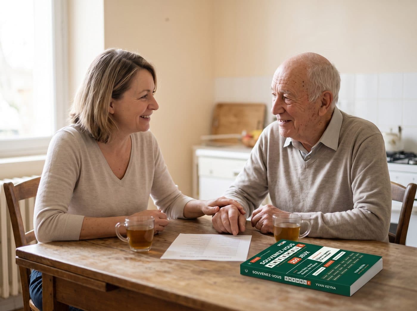A woman and her father at the kitchen table, the game book open in front of them